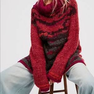Free People Tigers Eye Sweater Cowl Neck Magenta Red Gray Alpaca Wool Small $238